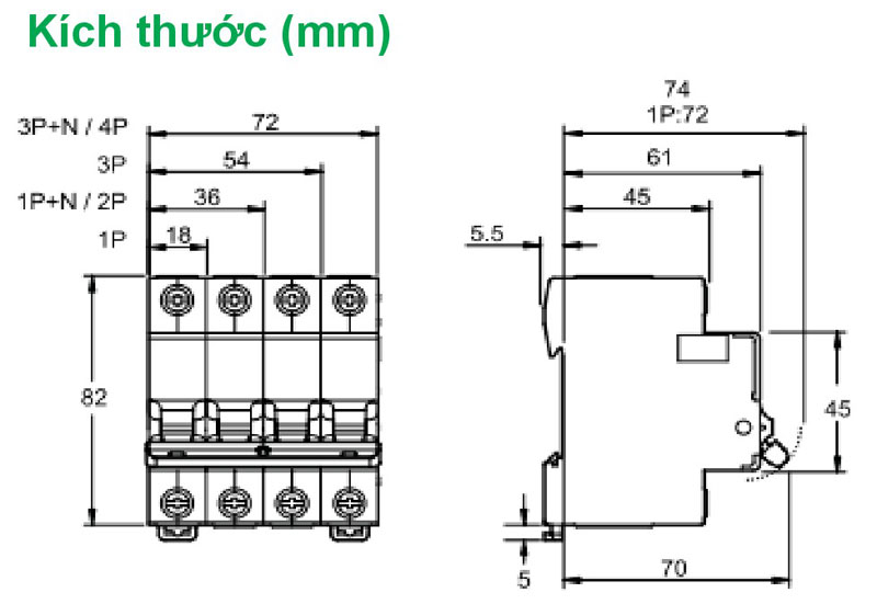 Kích thước Aptomat Schneider Easy 9 loại 3 pha 50A/ 60A ( EZ9F34350, EZ9F34360 )