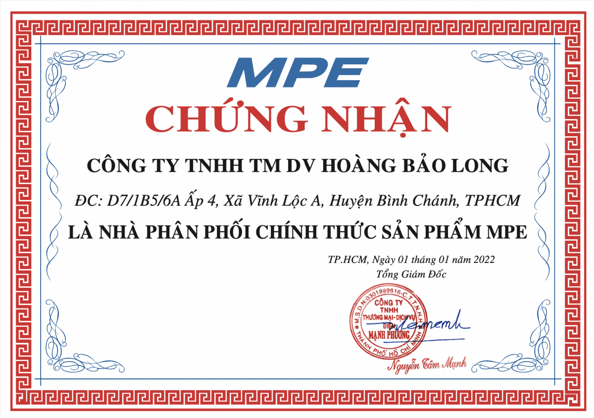 Chứng nhận đại lý đèn led mpe