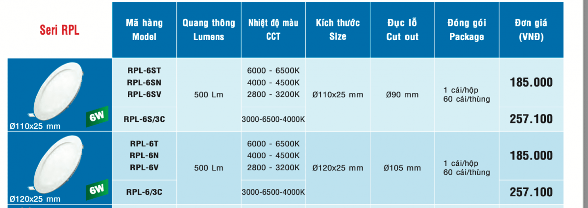 Đèn led âm trần 6W mpe RPL-6