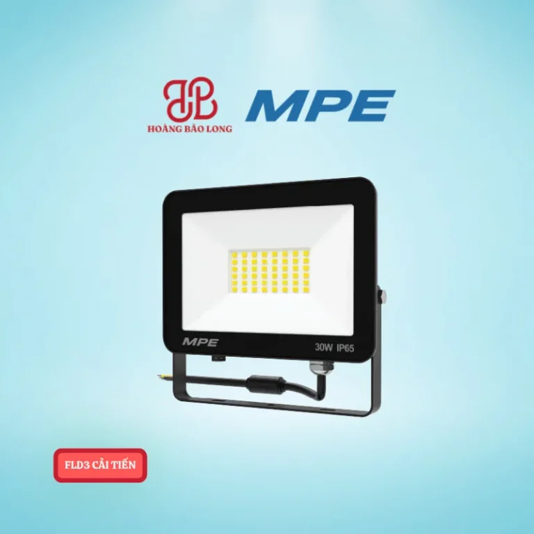 Đèn LED pha 30W MPE FLD3-30T cải tiến với quang thông 3600Lm, hiệu suất 120Lm/W. Thiết kế chống nước IP65 bền bỉ ngoài trời, bảo hành chính hãng MPE 24 tháng.