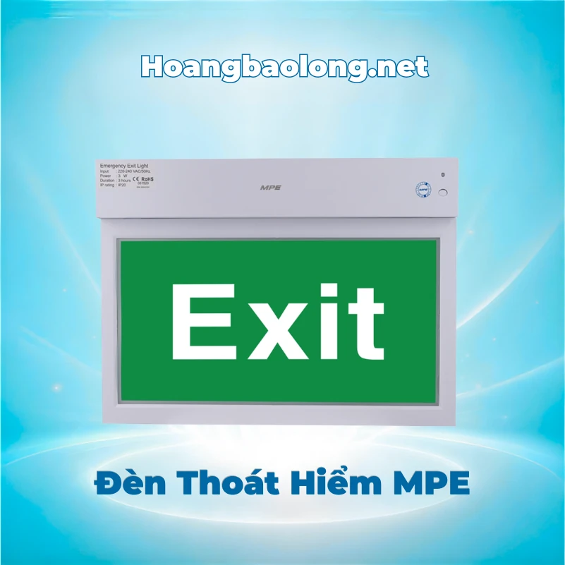 Đèn Exit thoát hiểm MPE dùng chỉ dẫn lối thoát tại văn phòng, nhà xưởng, chung cư và công trình. Xem mẫu, thông số và giá đèn Exit MPE.