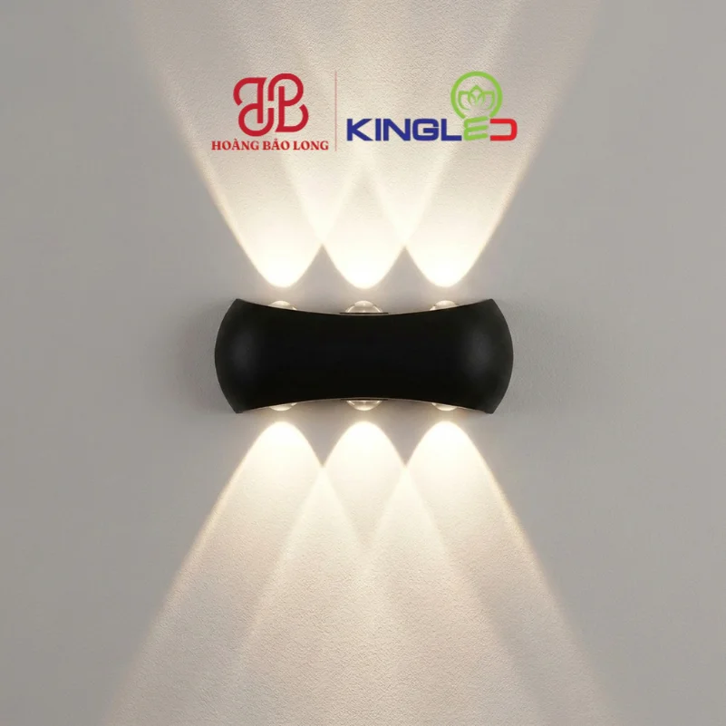 ĐÈN LED GẮN TƯỜNG NGOÀI TRỜI 12W LWA8032-6-BK KingLed Đèn tường LED trang trí LWA8032-6-BK Kingled vỏ đen hắt 6 mắt tia sáng nghệ thuật (3 trên, 3 dưới), thiết kế dáng cong độc đáo, chống nước IP65.