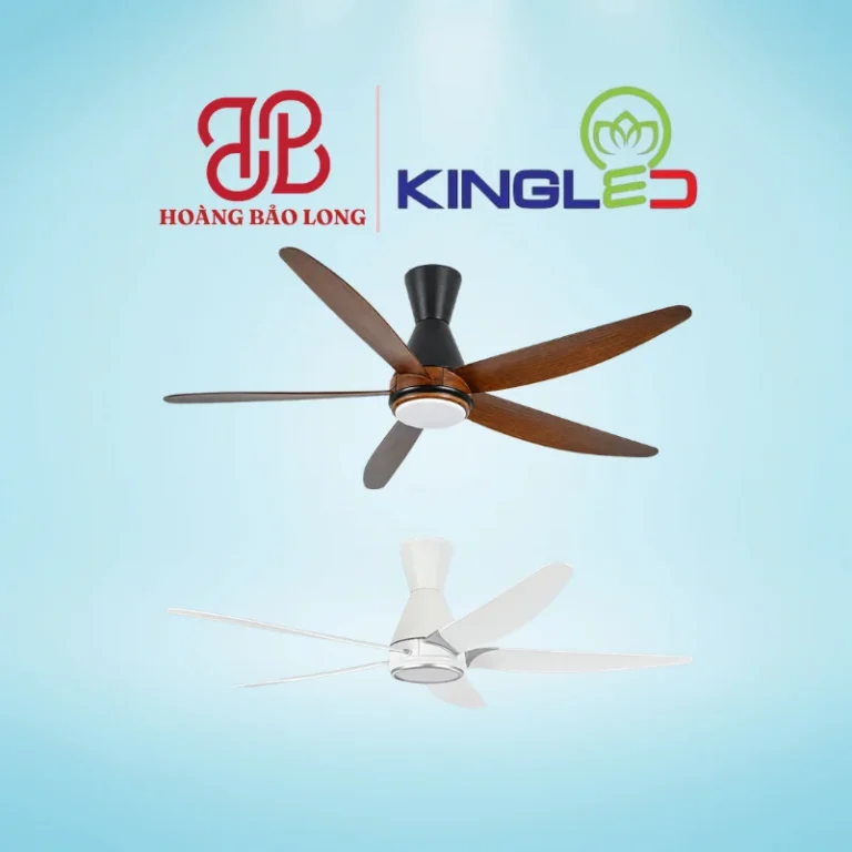 Quạt Trần KingLed QTKL-558-01 Gỗ/Trắng 55W sải cánh 58 inch (1.47m), động cơ DC inverter vận hành êm ái tiết kiệm điện, tích hợp đèn LED đổi màu và remote tiện lợi.