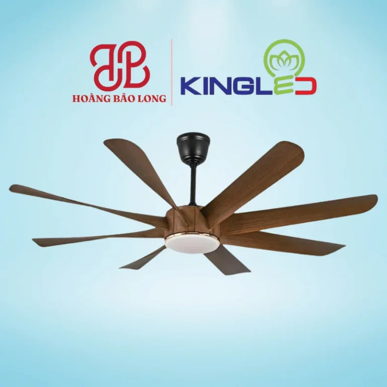 Quạt trần 8 cánh vân gỗ QTKL-860-01 Kingled sải cánh lớn 60 inch (1.52m), động cơ DC inverter vận hành êm ái tiết kiệm điện, tích hợp đèn LED đổi màu cho biệt thự, phòng khách rộng.