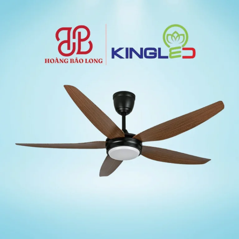 Quạt trần Kingled 5 cánh vân gỗ QTKL-556-01 sải cánh 56 inch (1.42m), động cơ DC inverter vận hành êm ái tiết kiệm điện, tích hợp đèn LED đổi màu và điều khiển từ xa sang trọng.