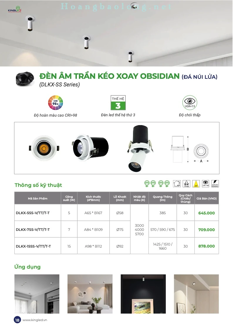 Đèn âm trần kéo xoay Obsidian KingLed 5W–15W DLKX-SS Series Hình catalogue đèn âm trần kéo xoay Obsidian KingLed DLKX-SS, CRI>98, UGR