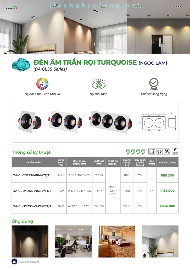 Đèn âm trần rọi Turquoise KingLed 12W–36W DA-GLSS Series Hình catalogue đèn âm trần rọi Turquoise KingLed DA-GLSS, CRI>98, độ chói thấp và thiết kế hiện đại.