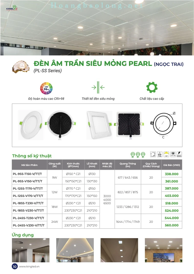 Hình catalogue đèn âm trần siêu mỏng Pearl KingLed PL-SS, CRI>98, thân đèn mỏng và chất liệu cao cấp.
