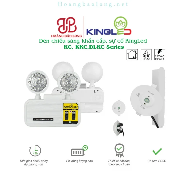 Hình catalogue đèn chiếu sáng khẩn cấp, sự cố KingLed KC, pin dung lượng cao và thời gian dự phòng trên 3 giờ.