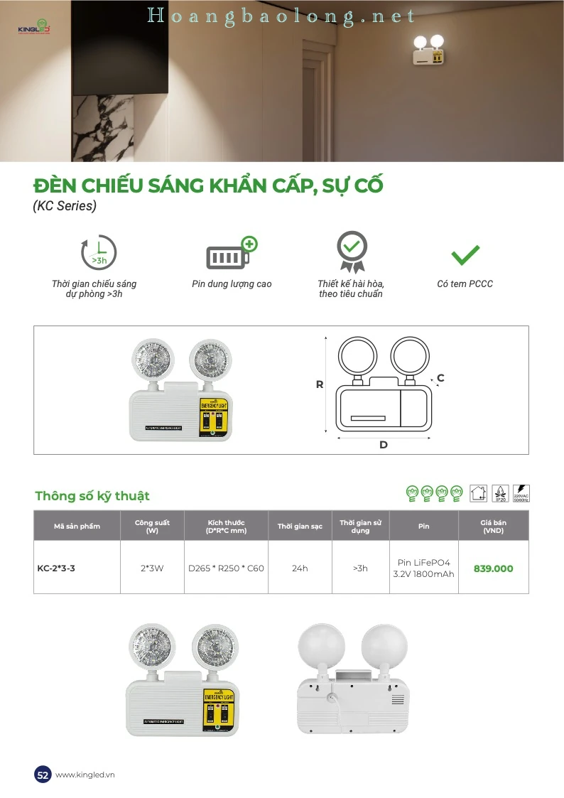 Hình catalogue đèn chiếu sáng khẩn cấp, sự cố KingLed KC, pin dung lượng cao và thời gian dự phòng trên 3 giờ.