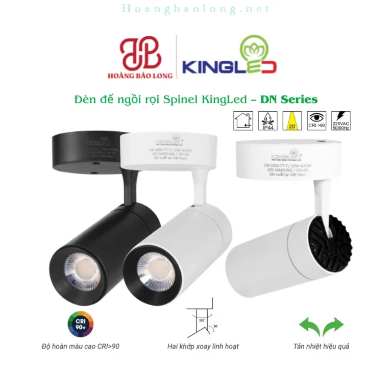 Hình catalogue đèn đế ngồi rọi Spinel KingLed DN, CRI>90, hai khớp xoay linh hoạt và tản nhiệt hiệu quả.