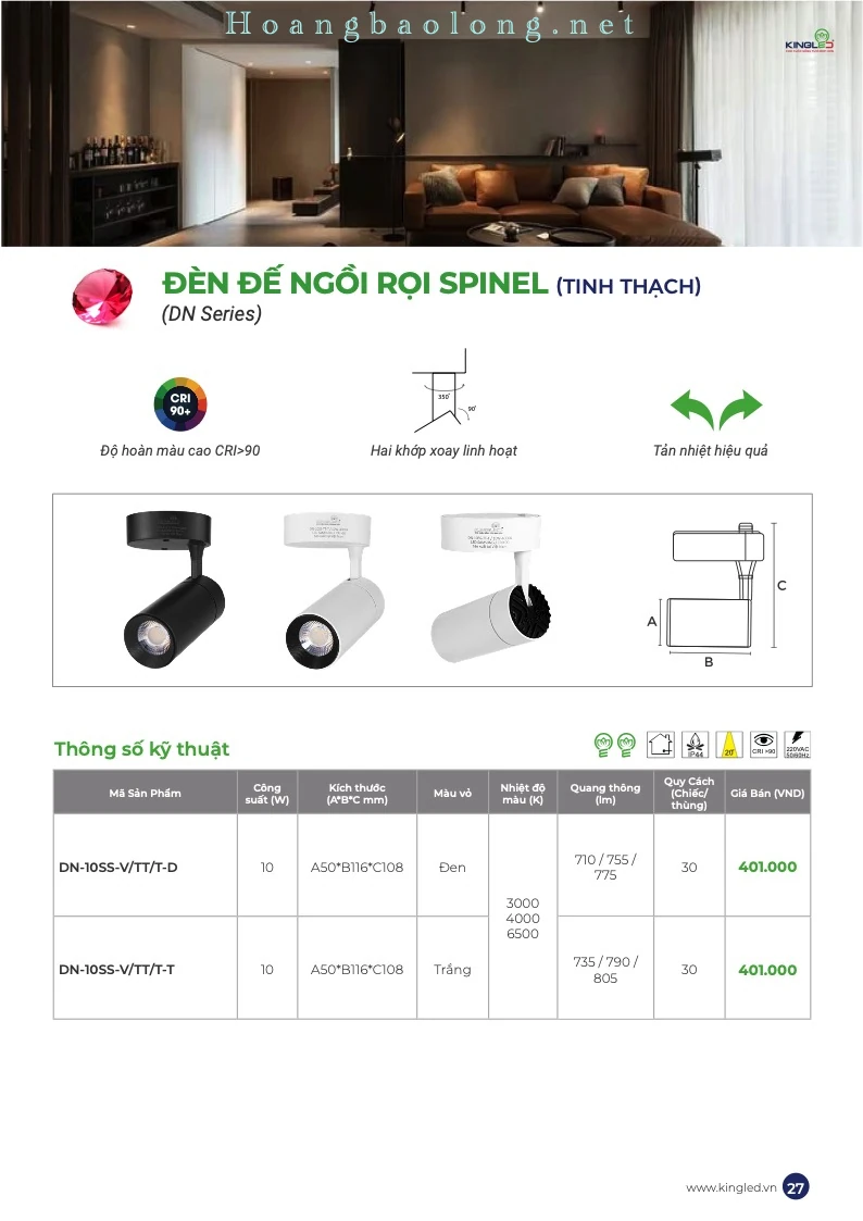Hình catalogue đèn đế ngồi rọi Spinel KingLed DN, CRI>90, hai khớp xoay linh hoạt và tản nhiệt hiệu quả.