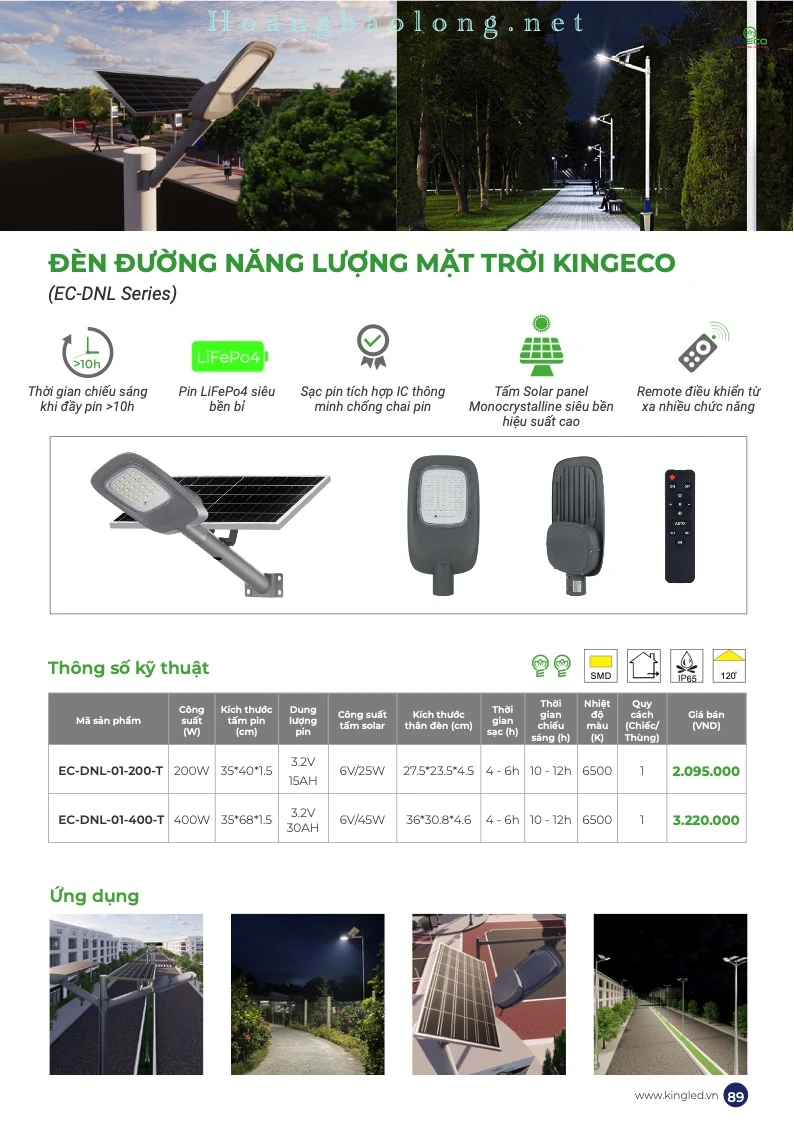 Hình catalogue đèn đường năng lượng mặt trời KingEco EC-DNL, pin LiFePO4, tấm pin đơn tinh thể và remote điều khiển.