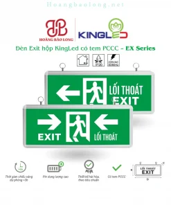Hình catalogue đèn Exit hộp KingLed EX, pin dung lượng cao, thời gian chiếu sáng dự phòng và tem PCCC.