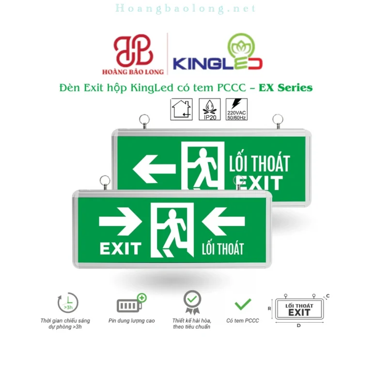 Hình catalogue đèn Exit hộp KingLed EX, pin dung lượng cao, thời gian chiếu sáng dự phòng và tem PCCC.