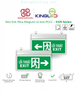 Hình catalogue đèn Exit mica KingLed EXM, pin dung lượng cao, chiếu sáng dự phòng và thiết kế có tem PCCC.
