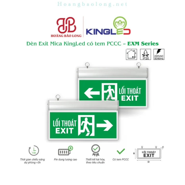 Hình catalogue đèn Exit mica KingLed EXM, pin dung lượng cao, chiếu sáng dự phòng và thiết kế có tem PCCC.