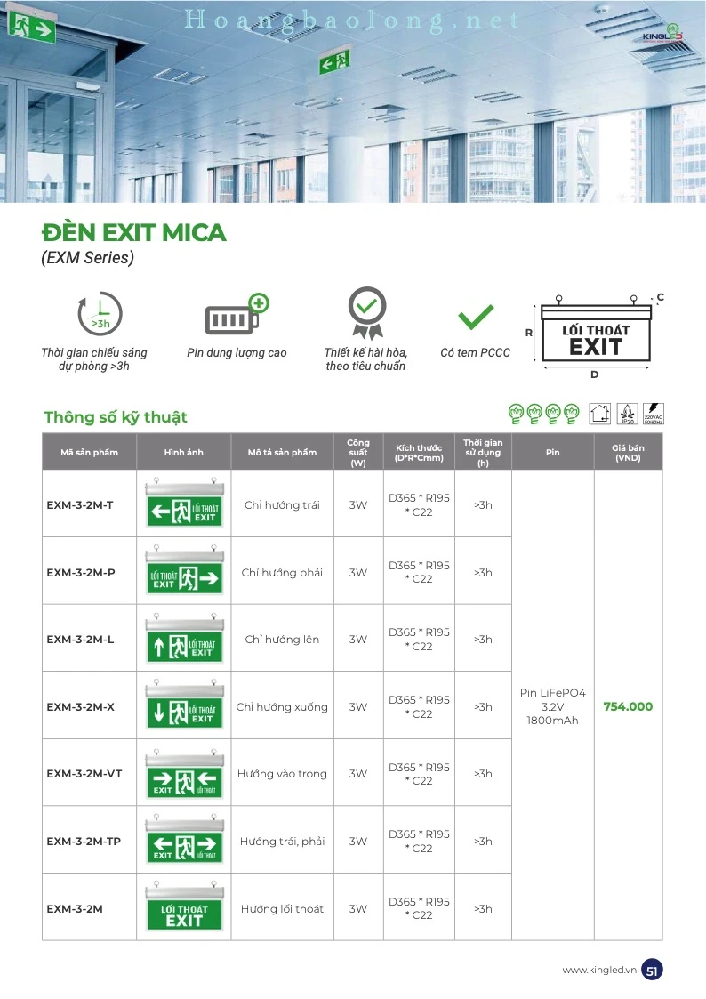 Hình catalogue đèn Exit mica KingLed EXM, pin dung lượng cao, chiếu sáng dự phòng và thiết kế có tem PCCC.