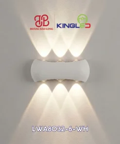 Đèn gắn tường ngoài trời KingLED LWA8032-6-WH 12W, ánh sáng 3000K, CRI >86, IP65, phù hợp mặt tiền, ban công, hiên nhà và tường sân vườn.