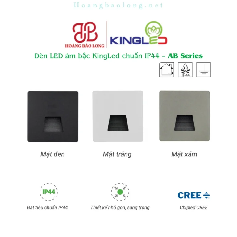 Hình catalogue đèn LED âm bậc KingLed AB, chip LED CREE, chuẩn IP44 và thiết kế nhỏ gọn, sang trọng.