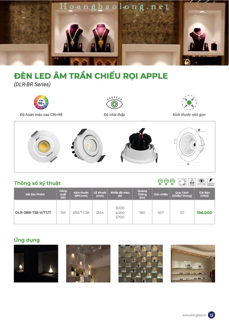 Hình catalogue đèn LED âm trần chiếu rọi Apple KingLed DLR-BR, CRI>98, độ chói thấp và kích thước nhỏ gọn.