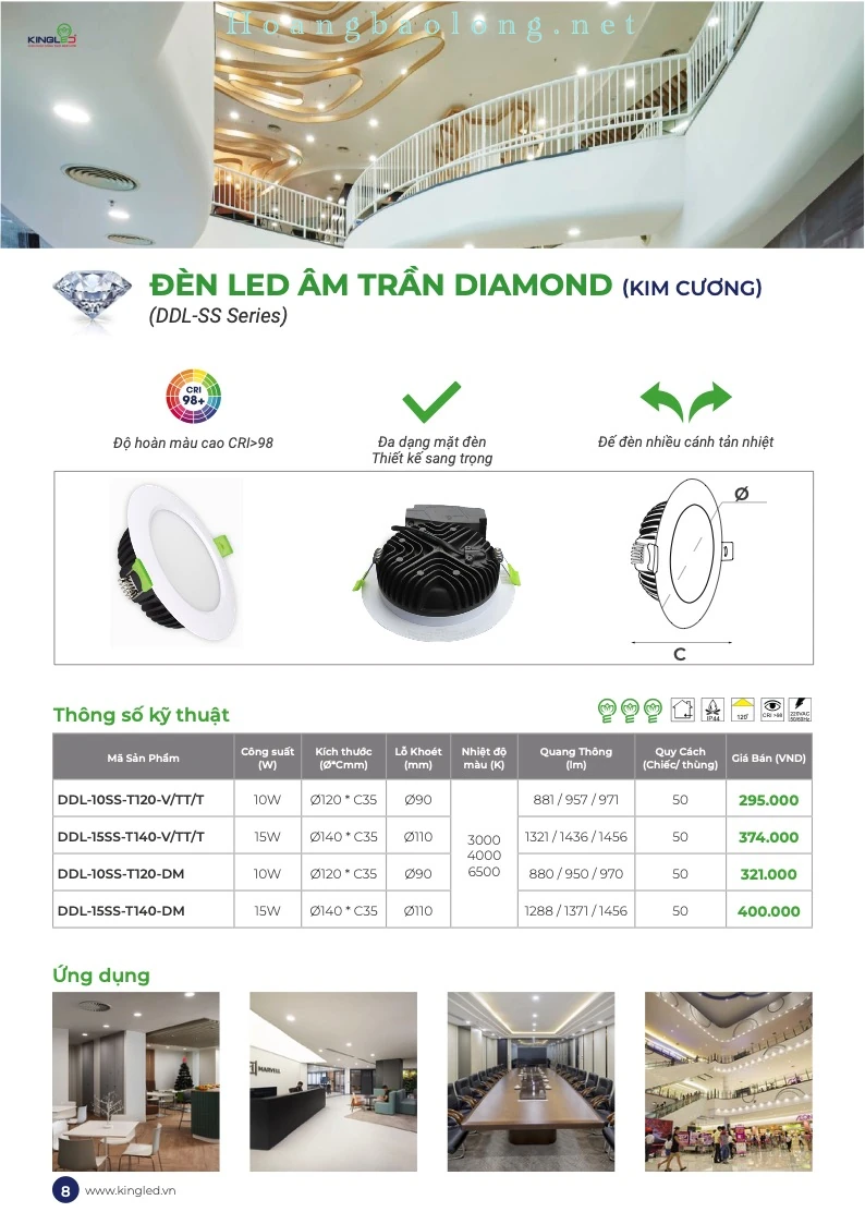 Hình catalogue đèn LED âm trần Diamond KingLed DDL-SS với nhiều mặt đèn, CRI>98, tản nhiệt tốt và góc chiếu 120°.