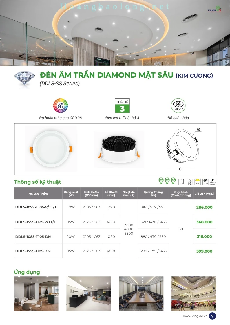 Hình catalogue đèn âm trần Diamond mặt sâu KingLed DDLS-SS, CRI>98, UGR