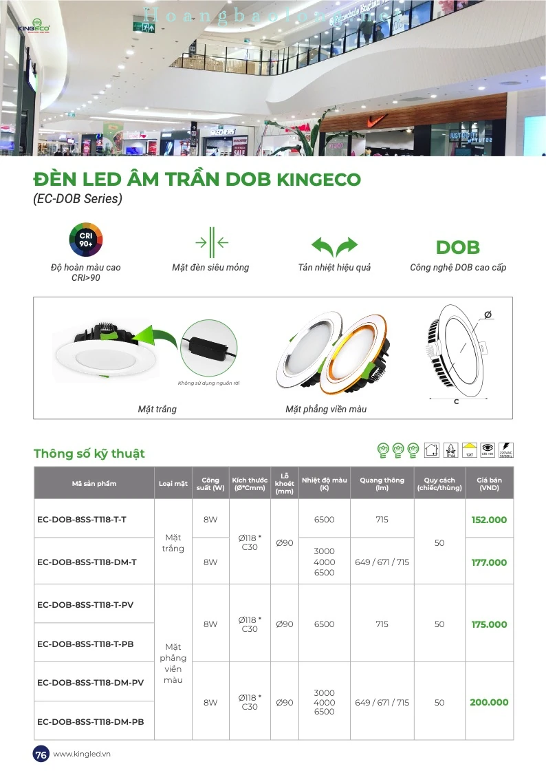 Hình catalogue đèn LED âm trần DOB KingEco EC-DOB, CRI>90, mặt siêu mỏng và công nghệ DOB cao cấp.