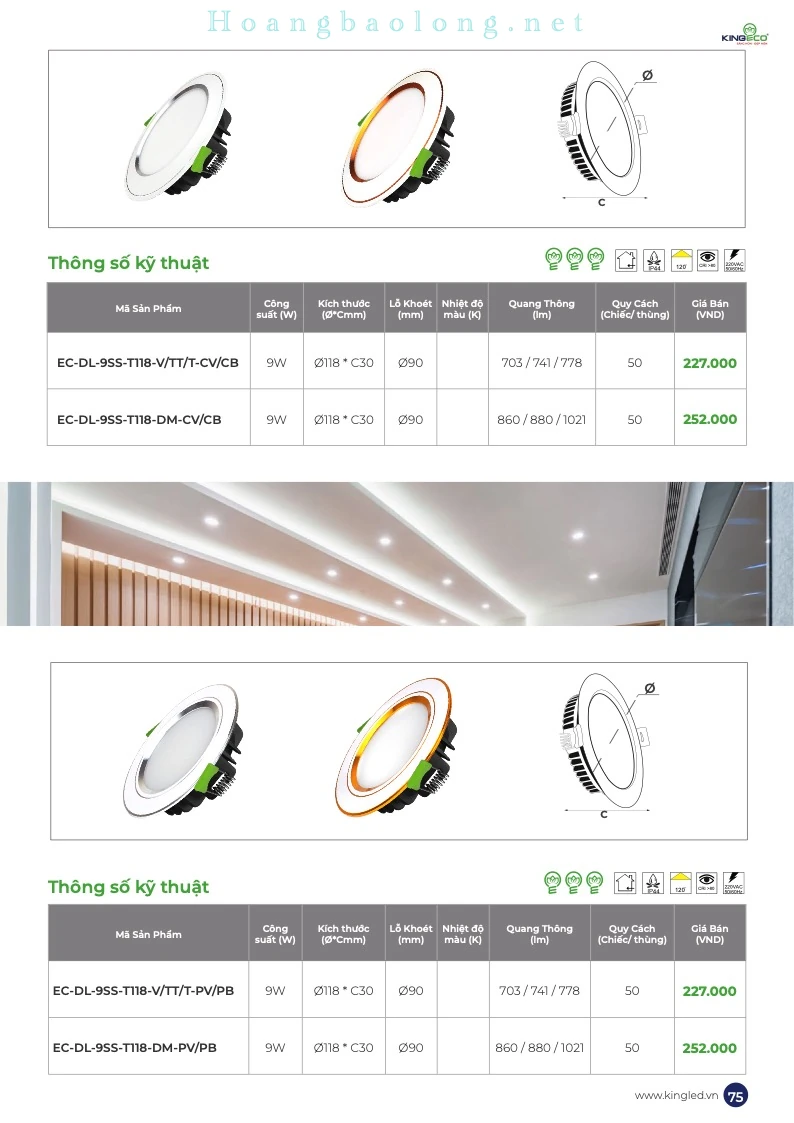 Bảng thông số, công suất, kích thước, lỗ khoét và các mẫu tiếp theo của đèn LED âm trần KingEco EC-DLSS.