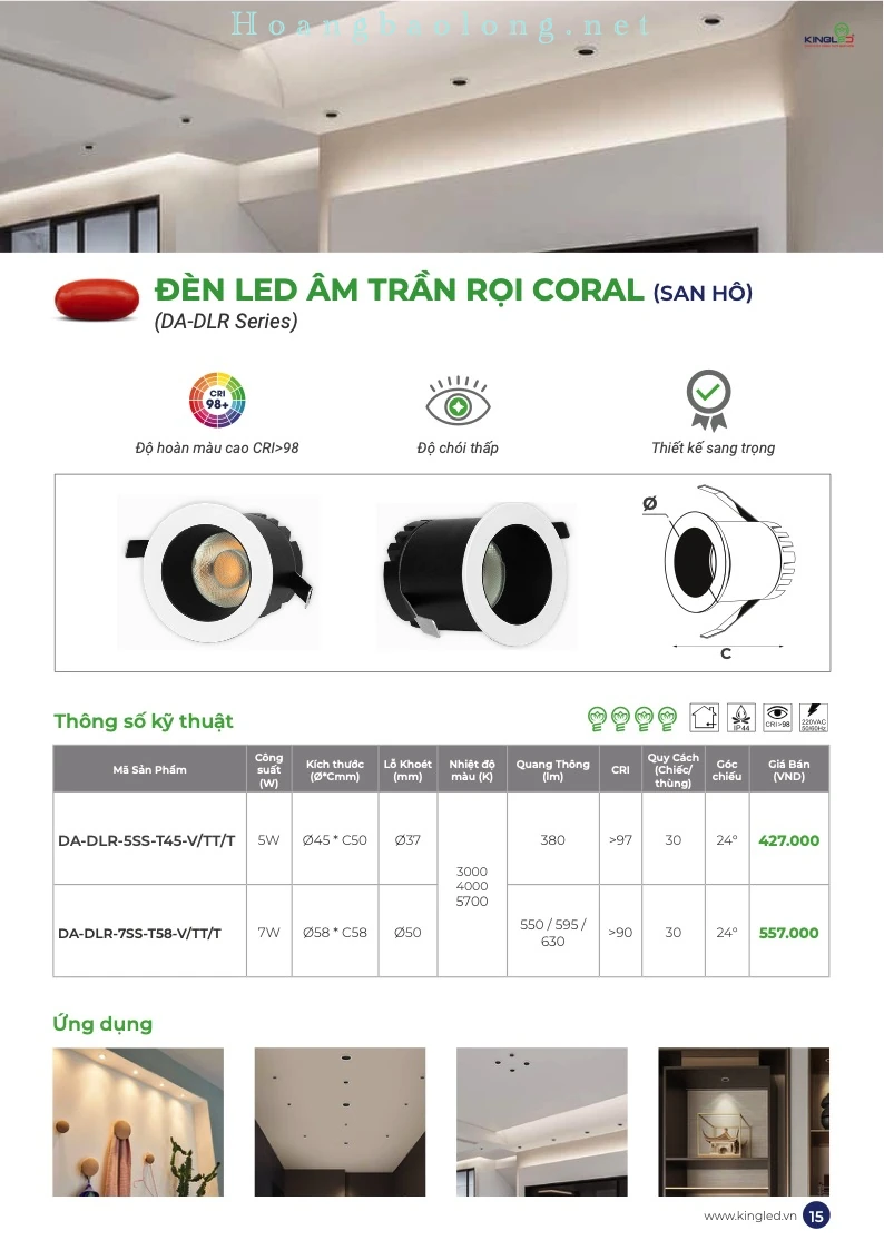 Hình catalogue đèn LED âm trần rọi Coral KingLed DA-DLR, CRI>98, ánh sáng chống chói và thiết kế sang trọng.