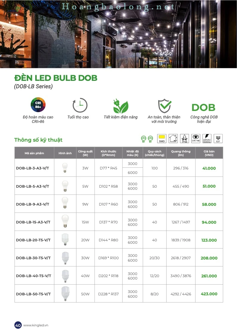 Hình catalogue đèn LED bulb DOB KingLed DOB-LB, CRI>86, công nghệ DOB, tuổi thọ cao và tiết kiệm điện.