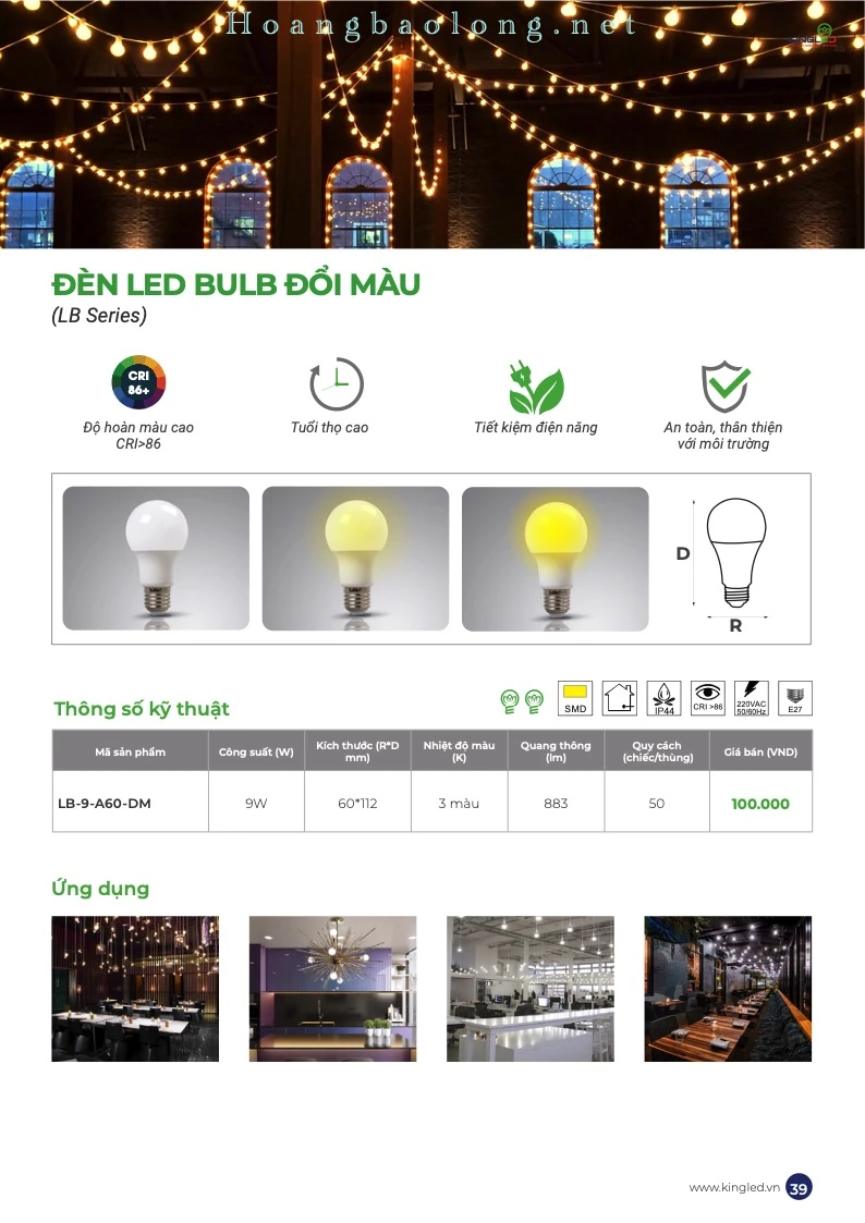 Hình catalogue đèn LED bulb đổi màu KingLed LB, CRI>86, tuổi thọ cao, tiết kiệm điện và thân thiện khi sử dụng.
