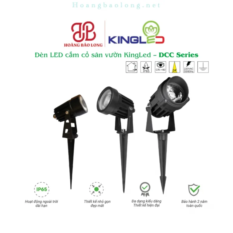Hình catalogue đèn LED cắm cỏ KingLed DCC với nhiều kiểu dáng, thiết kế ngoài trời nhỏ gọn và bảo hành 2 năm.