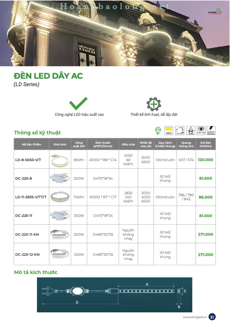 Đèn LED dây AC KingLed LD Series Hình catalogue đèn LED dây AC KingLed LD, công nghệ LED hiệu suất cao, IP65, linh hoạt và dễ lắp đặt.