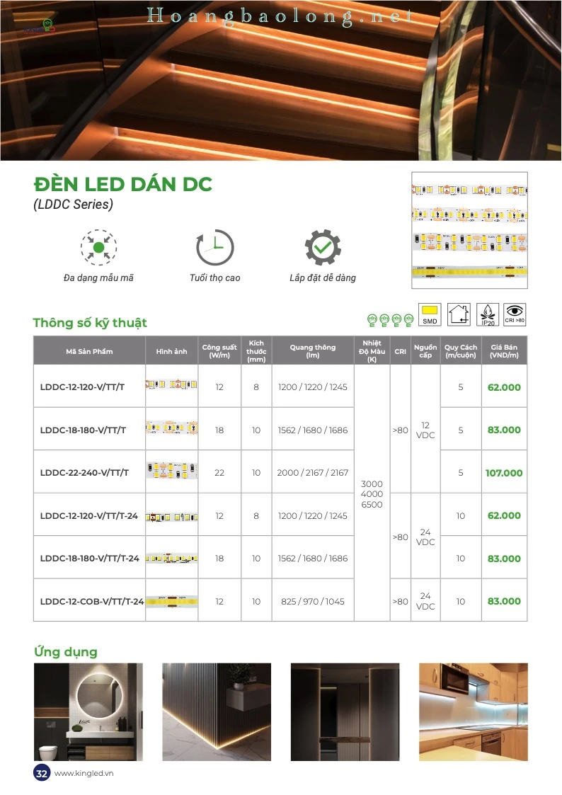 Hình catalogue đèn LED dây dán DC KingLed LDDC 12V/24V, đa dạng mẫu mã, tuổi thọ cao và dễ lắp đặt.