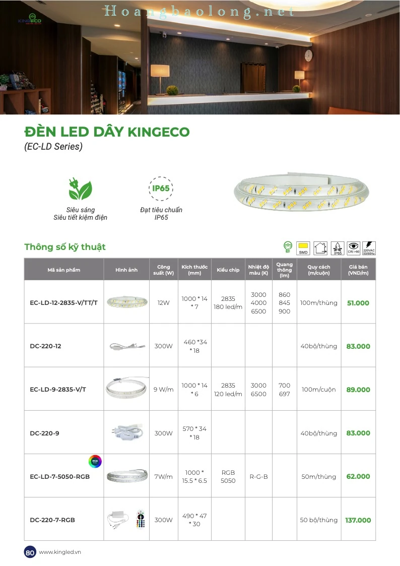 Hình catalogue đèn LED dây KingEco EC-LD, ánh sáng mạnh, tiết kiệm điện và đạt cấp bảo vệ IP65.