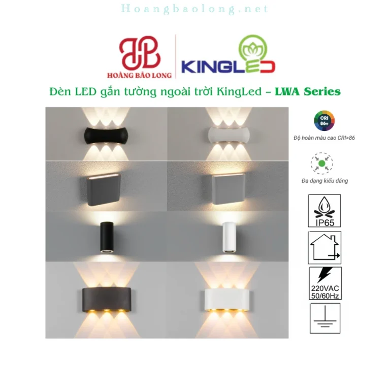 Hình catalogue đèn LED gắn tường ngoài trời KingLed LWA, chuẩn IP65, CRI>86 và nhiều mẫu chiếu sáng.