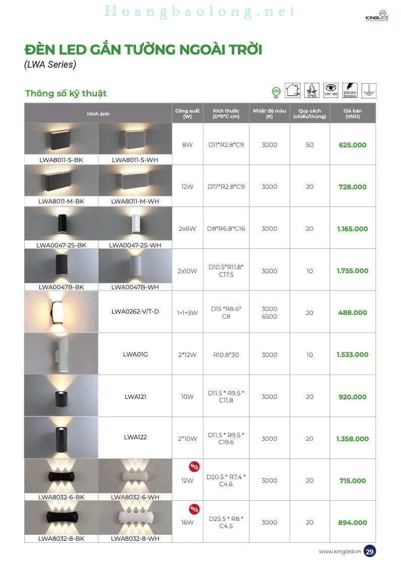 Hình catalogue đèn LED gắn tường ngoài trời KingLed LWA, chuẩn IP65, CRI>86 và nhiều mẫu chiếu sáng.