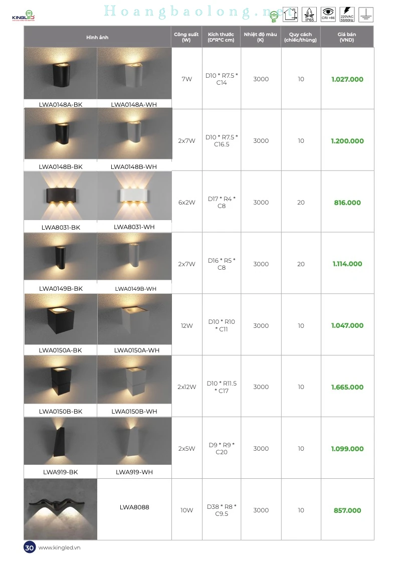 Các mẫu tiếp theo kèm công suất, kích thước và nhiệt độ màu của đèn LED gắn tường ngoài trời KingLed LWA.