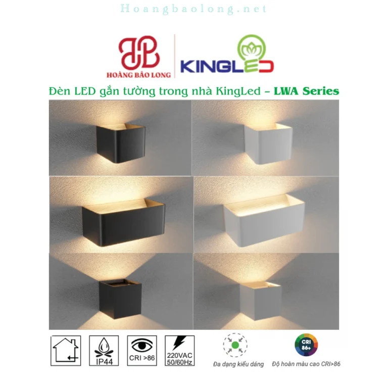 Hình catalogue đèn LED gắn tường trong nhà KingLed LWA, CRI>86, đa dạng kiểu dáng và kích thước.