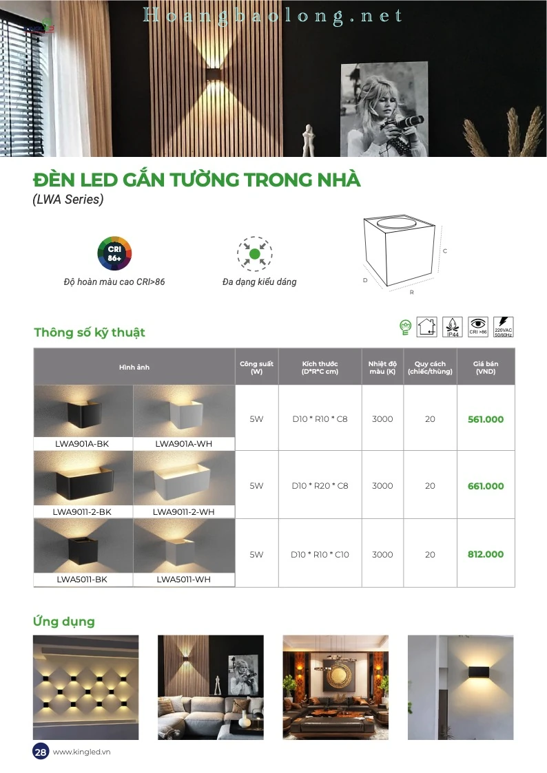 Hình catalogue đèn LED gắn tường trong nhà KingLed LWA, CRI>86, đa dạng kiểu dáng và kích thước.