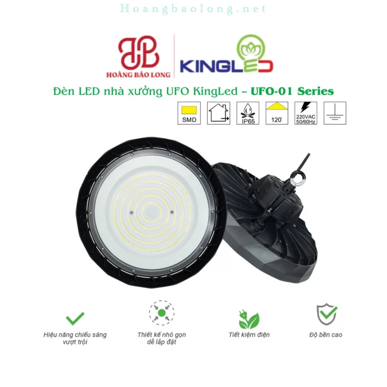 Hình catalogue đèn LED nhà xưởng KingLed UFO-01, hiệu năng chiếu sáng cao, tiết kiệm điện và dễ lắp đặt.