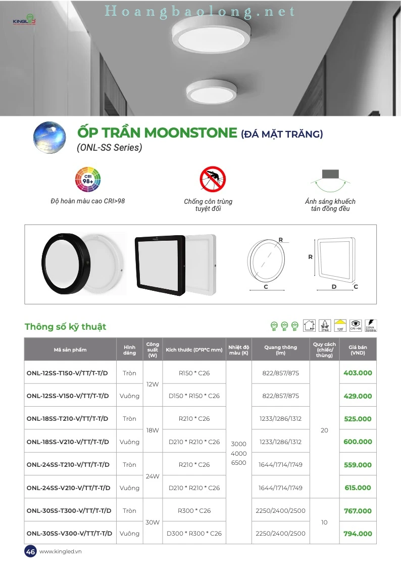 Hình catalogue đèn LED ốp trần Moonstone KingLed ONL-SS, CRI>98, chống côn trùng và tán sáng đồng đều.
