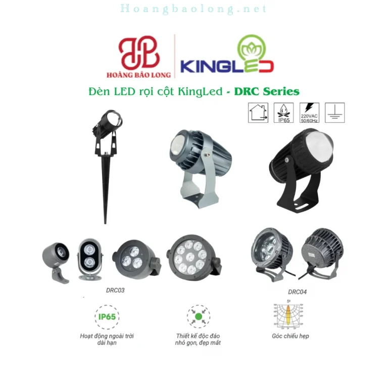 Hình catalogue đèn LED rọi cột KingLed DRC03 và DRC04, góc chiếu hẹp, kiểu dáng độc đáo cho công trình ngoài trời.