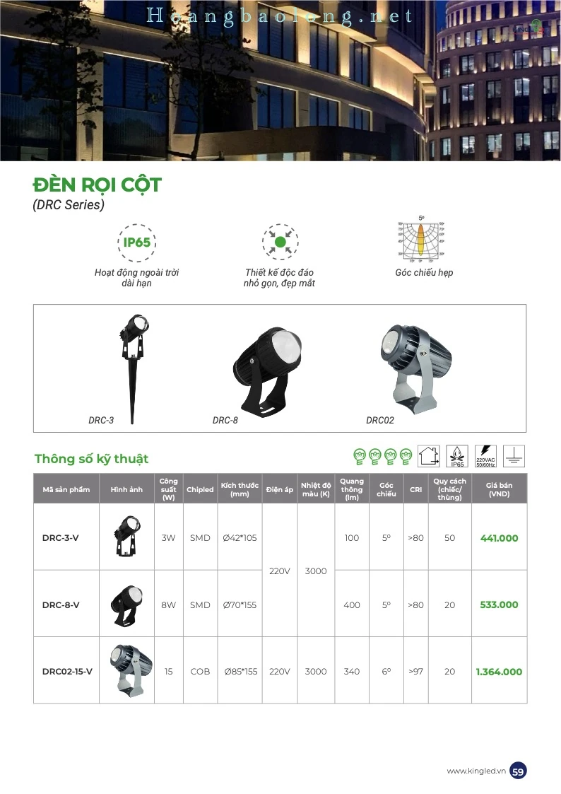 Hình catalogue đèn LED rọi cột KingLed DRC-3, DRC-8 và DRC02, góc chiếu hẹp, thiết kế ngoài trời nhỏ gọn.