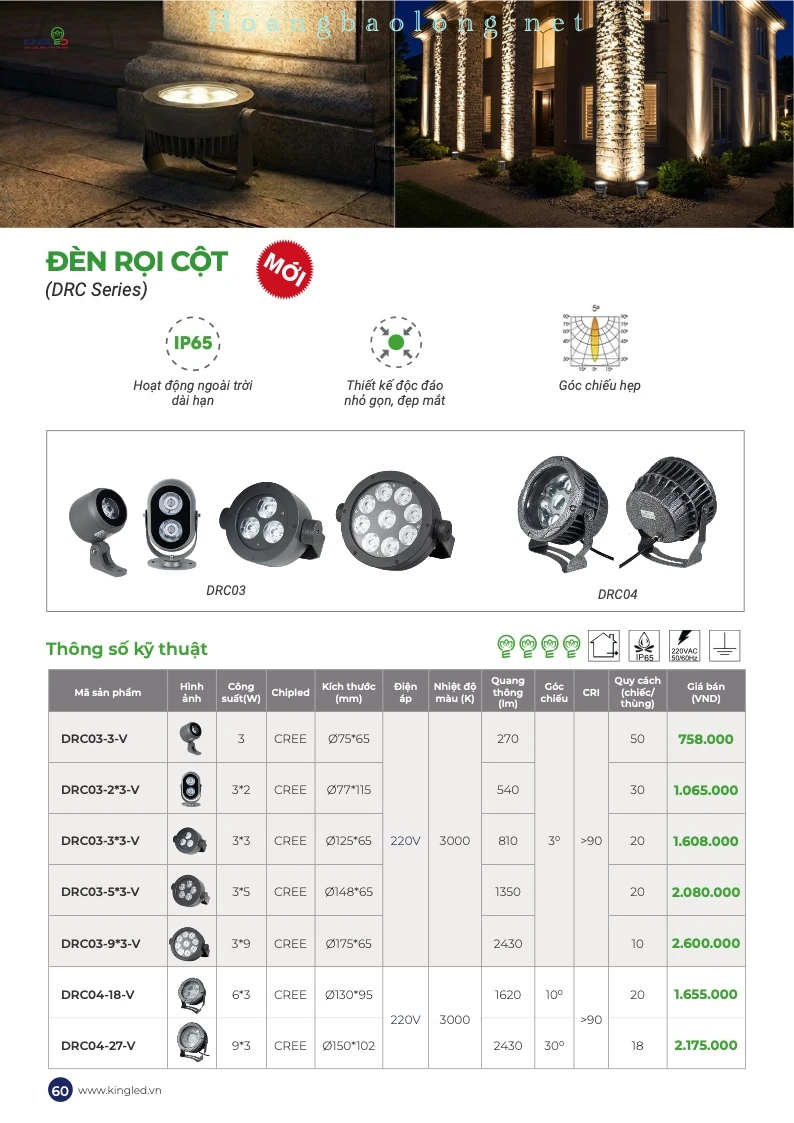 Hình catalogue đèn LED rọi cột KingLed DRC03 và DRC04, góc chiếu hẹp, kiểu dáng độc đáo cho công trình ngoài trời.