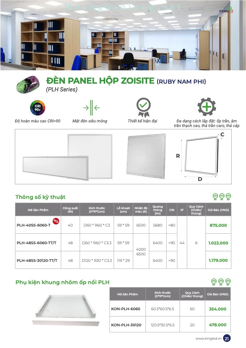 Đèn panel hộp Zoisite KingLed 40W, 48W – PLH Series Hình catalogue đèn panel hộp Zoisite KingLed PLH, CRI>90, mặt mỏng và nhiều cách lắp đặt cho trần.