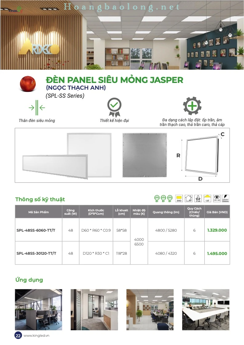 Hình catalogue đèn panel siêu mỏng Jasper KingLed SPL-SS, thiết kế hiện đại và linh hoạt nhiều kiểu lắp trần.
