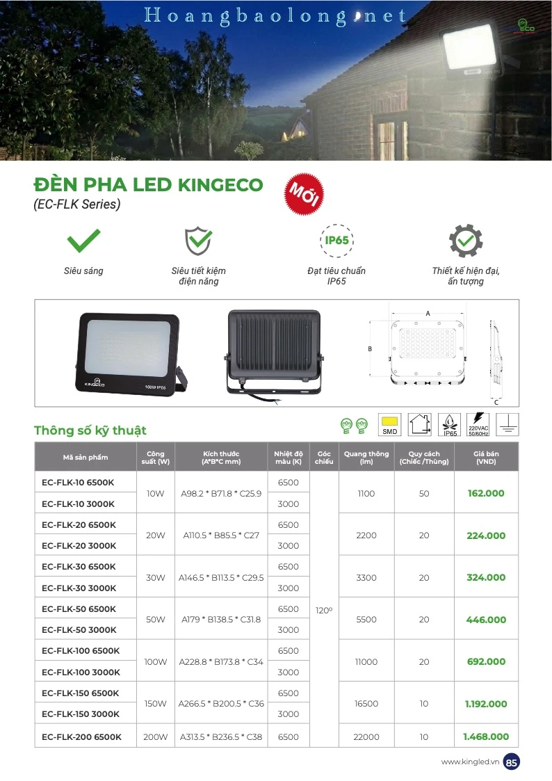 Hình catalogue đèn pha LED KingEco EC-FLK, ánh sáng mạnh, tiết kiệm điện, thiết kế hiện đại và đạt chuẩn IP65.