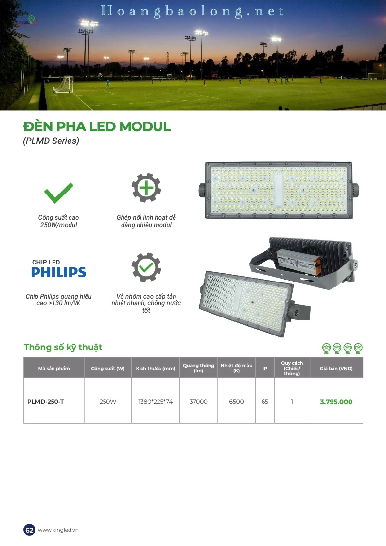 Hình catalogue đèn pha LED module KingLed PLMD, công suất cao và thiết kế ghép nối linh hoạt nhiều module.